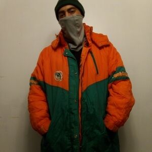 Vibrant Orange and Green Men's Puffer Jacket
